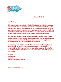 Acworth Parent Letter- Can Food Toiletry Collection 2015