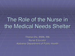 The Nursing Role in Shelters