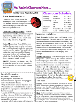 Ms. Rader`s Classroom News. . . For the week: August 31, 2015